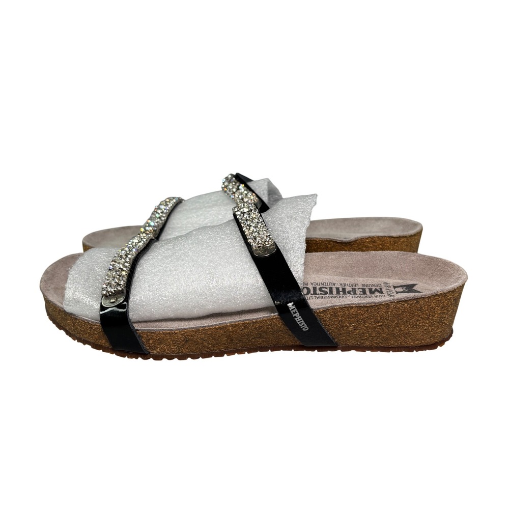 Mephisto Air-Relax Black Patent Rhinestone Cork Wedge Sandals 39 Portugal